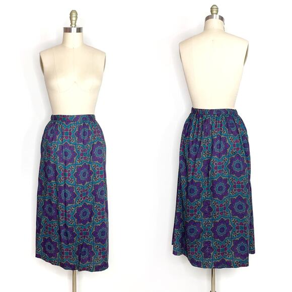 Vintage 90s {Jantzen} A-Line Midi Skirt Purple/Blue Paisley XL - Picture 2 of 12